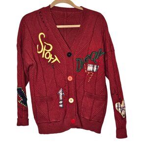 Colorful Embroidered Patchwork Red‎ Cardigan Sweater Button Front Pockets Size M